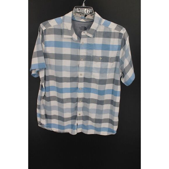 The North Face Blue Gray White Plaid Button Short Sleeve Shirt Xl - Picture 1 of 6